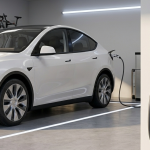 Voiture électrique en cours de recharge — le carburant électrique est 5 fois moins cher que l'essence