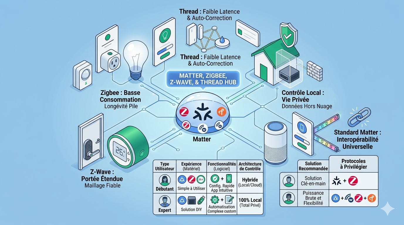 Comparaison des protocoles domotique Zigbee Z-Wave Matter EnOcean en 2026